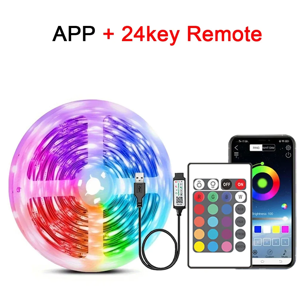 Bande lumineuse LED RVB avec télécommande, ruban flexible pour chambre, fête, bureau et TV, USB 5V 7