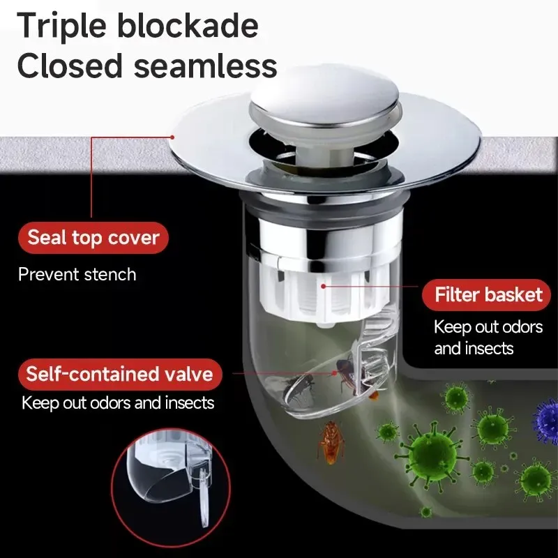 Bonde universelle pop-up avec filtre anti-cheveux pour lavabo, évier, baignoire et douche 2