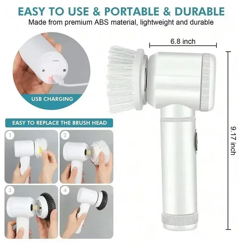 Nettoyeur électrique sans fil rechargeable 5 en 1 avec têtes de brosse pour salle de bains, cuisine, carrelage, joints, douche et voiture 3