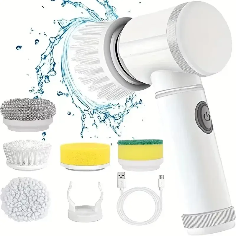 Nettoyeur électrique sans fil rechargeable 5 en 1 avec têtes de brosse pour salle de bains, cuisine, carrelage, joints, douche et voiture