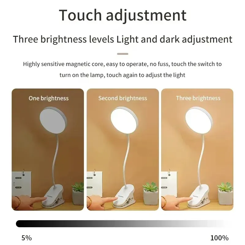 Lampe de table LED rechargeable avec pince pliable, lampe d'étude et de lecture tactile, 3 niveaux de luminosité, éclairage de protection des yeux 3