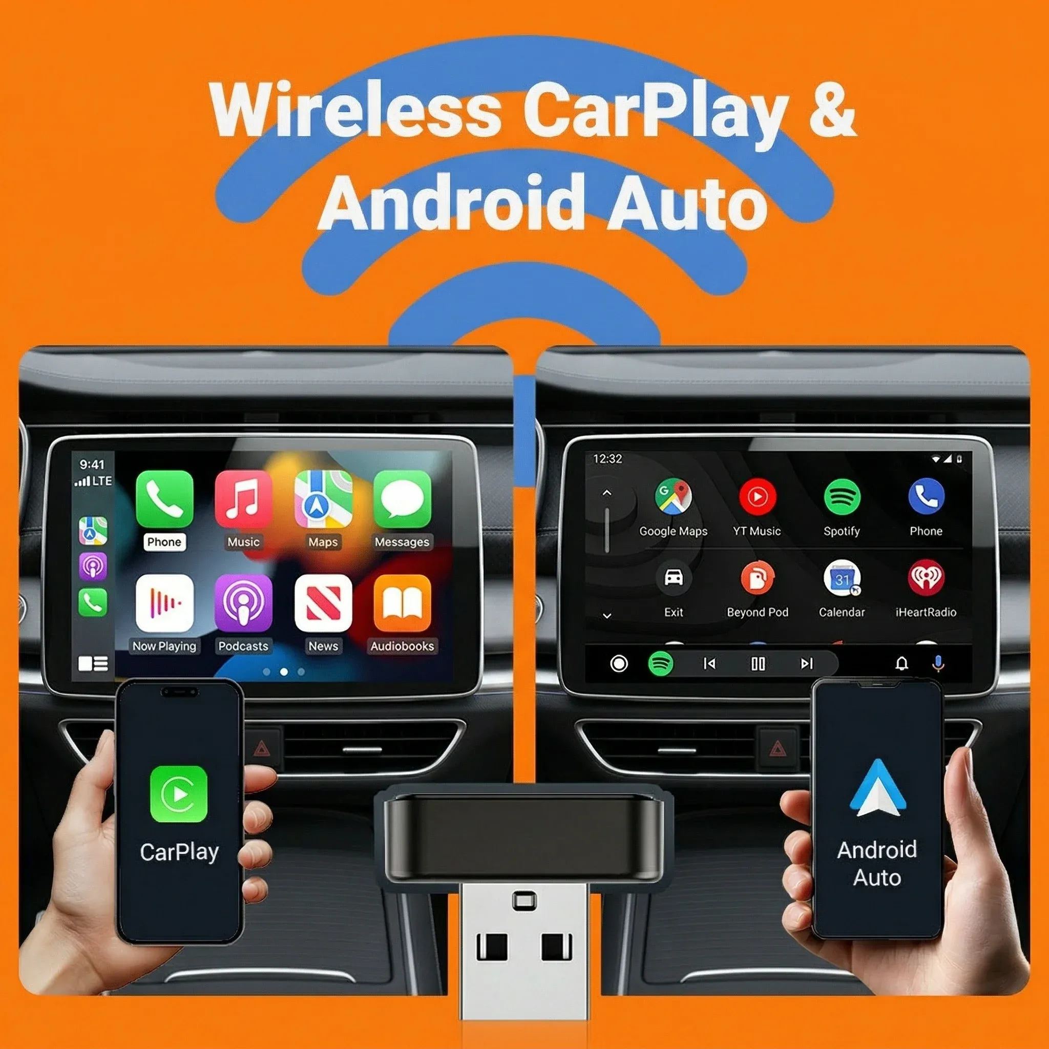 Adaptateur intelligent sans fil CarPlay et Android Auto 2026 – Installation plug & play, connexion Bluetooth et Wi-Fi stable, mises à jour OTA – Compatible Toyota, Audi, VW 4