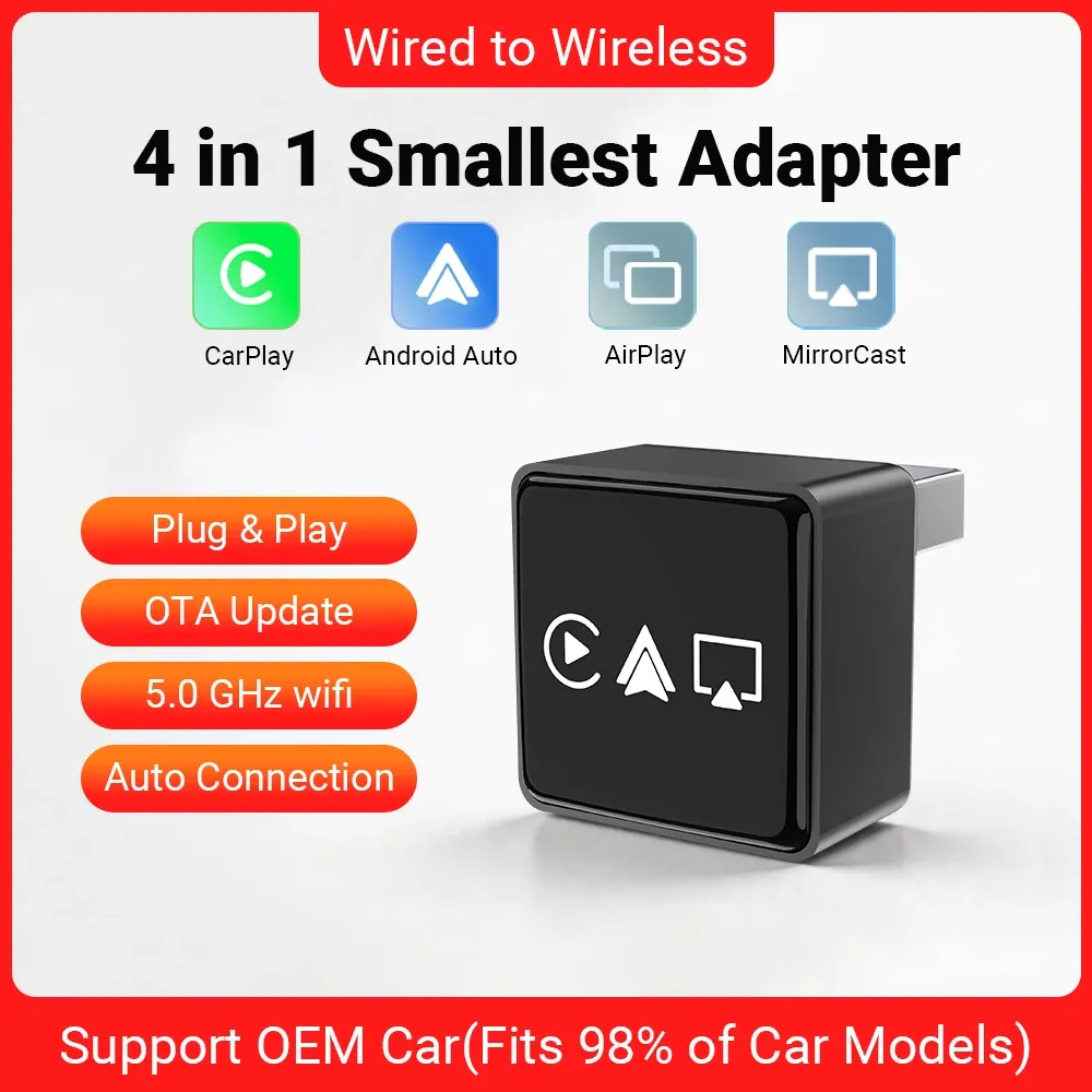 Adaptateur intelligent sans fil CarPlay et Android Auto 2026 – Installation plug & play, connexion Bluetooth et Wi-Fi stable, mises à jour OTA – Compatible Toyota, Audi, VW 7