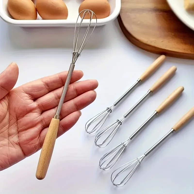 Mini batteur à œufs en acier inoxydable avec manche en bois - Image 1