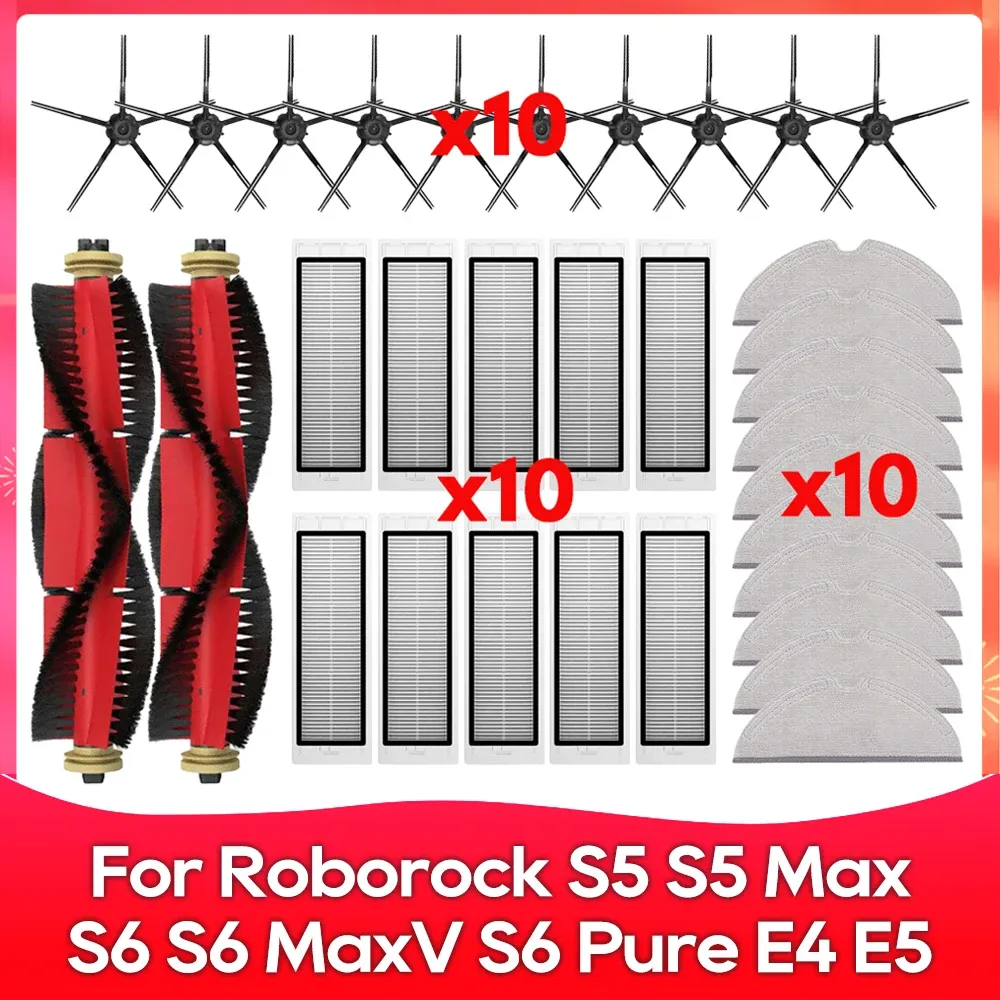 Compatible avec Roborock S5, S5 Max, S6 MaxV, S6 Pure, E4, E5, S51, S52, S55 – Brosse latérale, rouleau, filtre et chiffon – Accessoires - Image 1