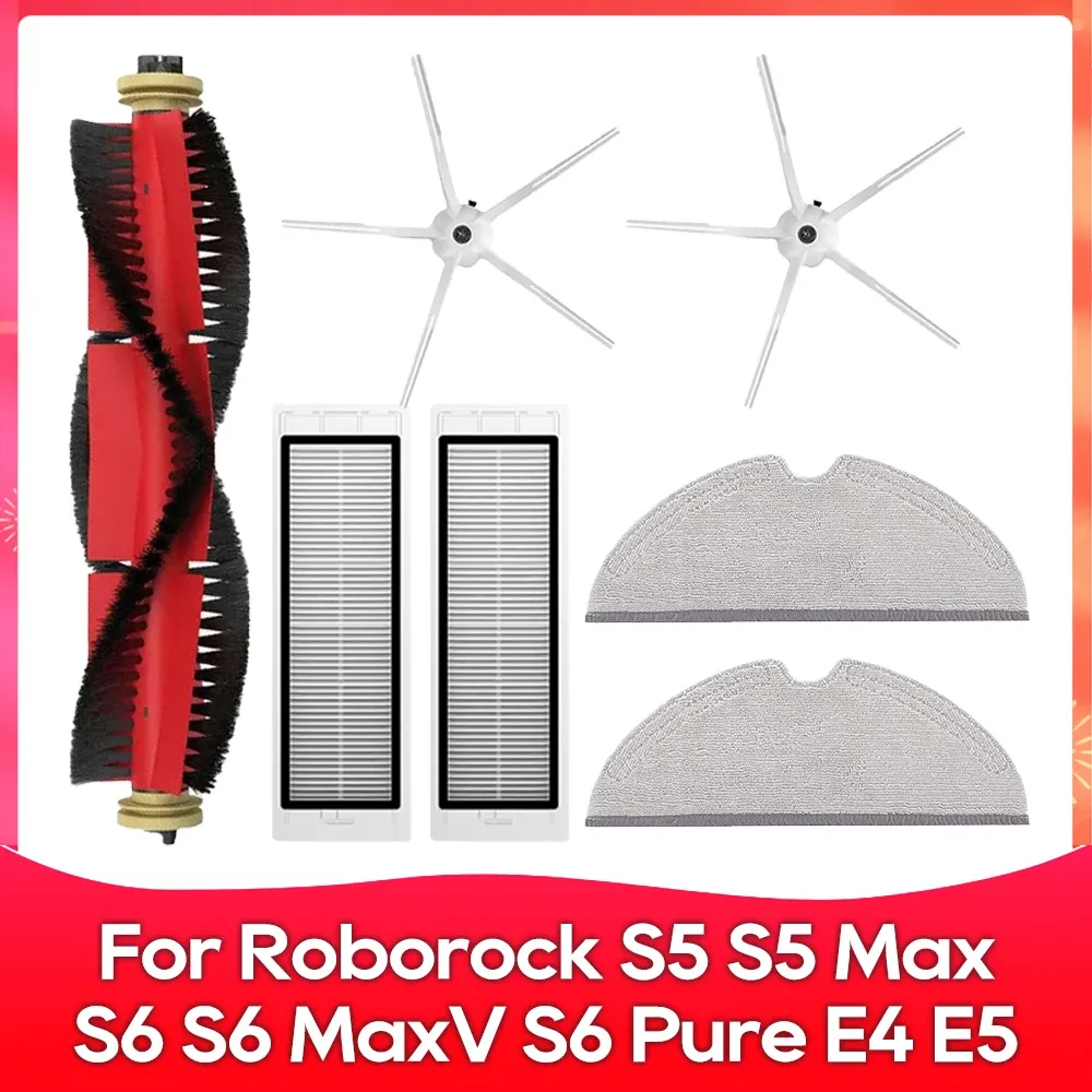 Compatible avec Roborock S5, S5 Max, S6 MaxV, S6 Pure, E4, E5, S51, S52, S55 – Brosse latérale, rouleau, filtre et chiffon – Accessoires 8