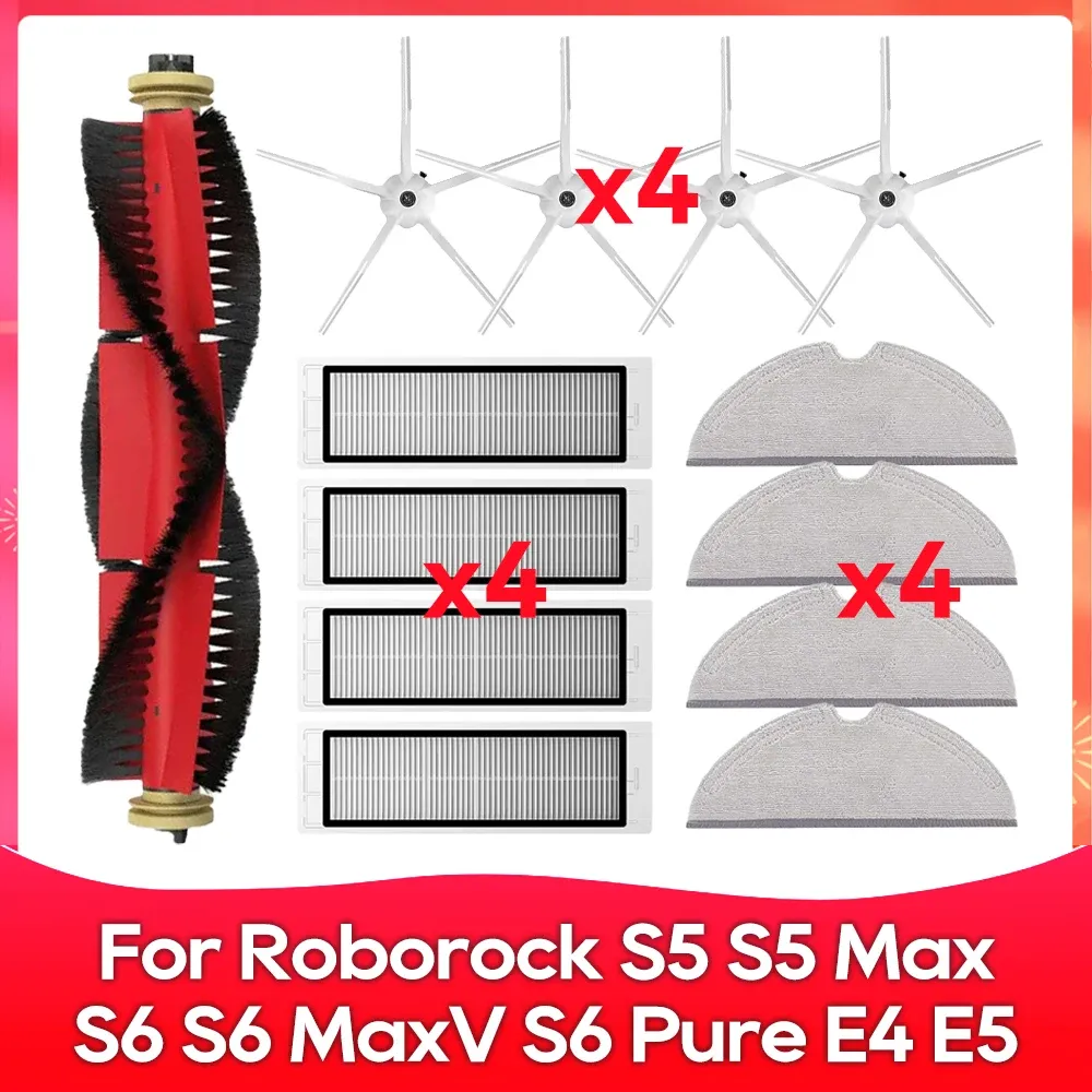 Compatible avec Roborock S5, S5 Max, S6 MaxV, S6 Pure, E4, E5, S51, S52, S55 – Brosse latérale, rouleau, filtre et chiffon – Accessoires 11