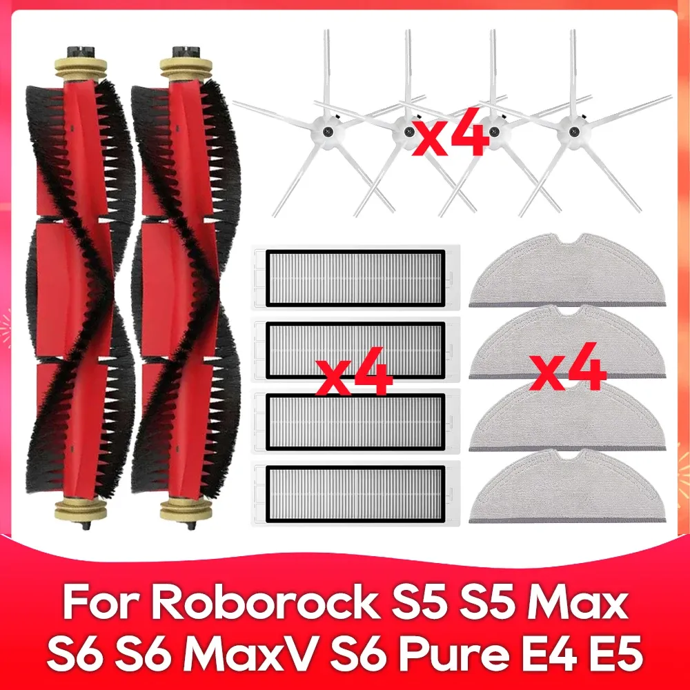 Compatible avec Roborock S5, S5 Max, S6 MaxV, S6 Pure, E4, E5, S51, S52, S55 – Brosse latérale, rouleau, filtre et chiffon – Accessoires 9