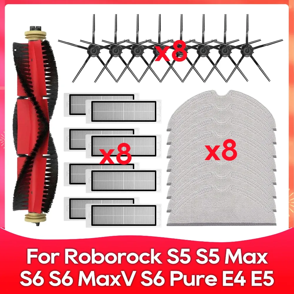 Compatible avec Roborock S5, S5 Max, S6 MaxV, S6 Pure, E4, E5, S51, S52, S55 – Brosse latérale, rouleau, filtre et chiffon – Accessoires 19