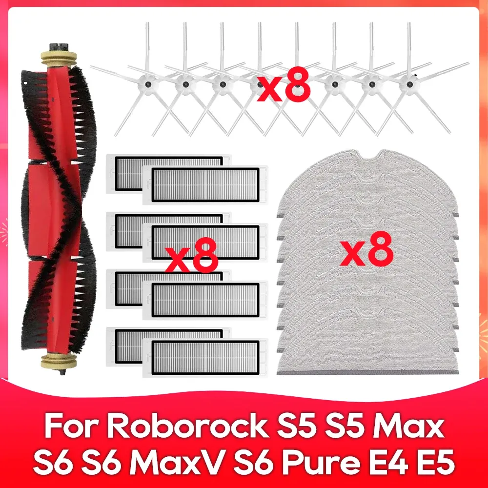 Compatible avec Roborock S5, S5 Max, S6 MaxV, S6 Pure, E4, E5, S51, S52, S55 – Brosse latérale, rouleau, filtre et chiffon – Accessoires 25