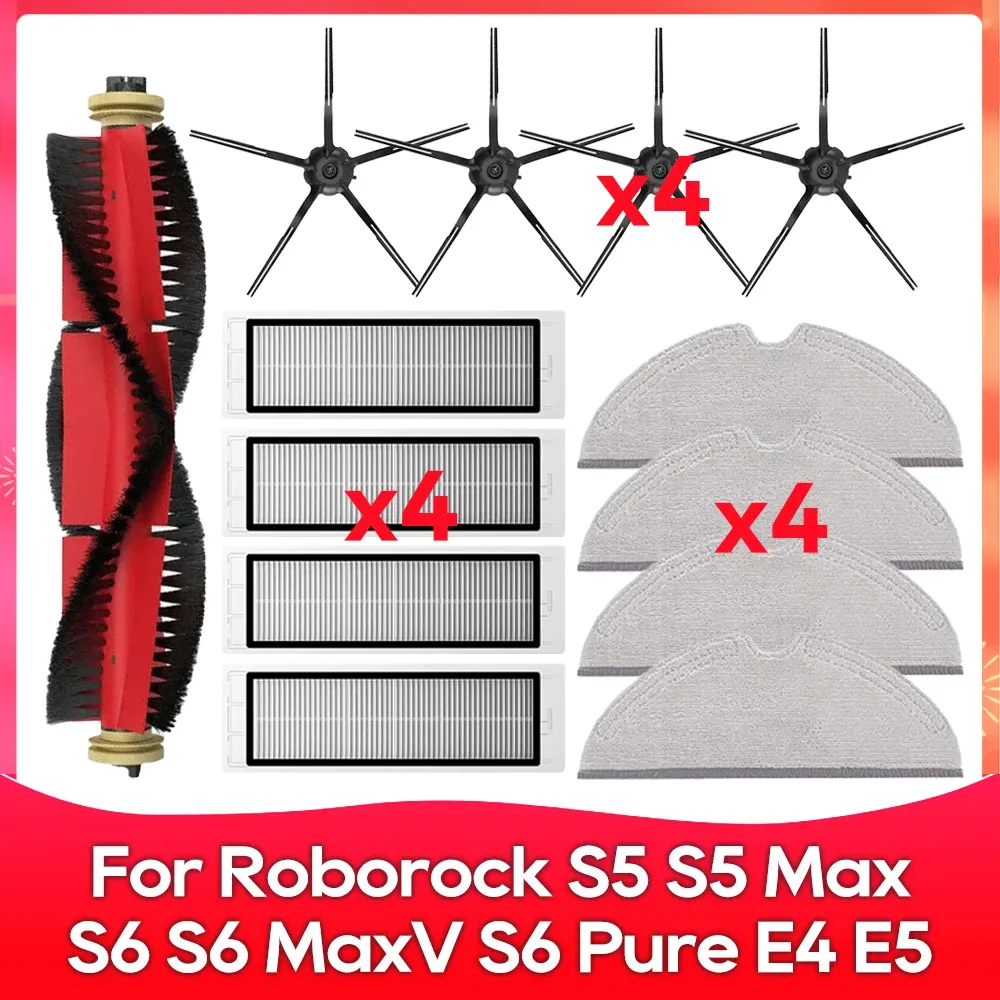 Compatible avec Roborock S5, S5 Max, S6 MaxV, S6 Pure, E4, E5, S51, S52, S55 – Brosse latérale, rouleau, filtre et chiffon – Accessoires 16
