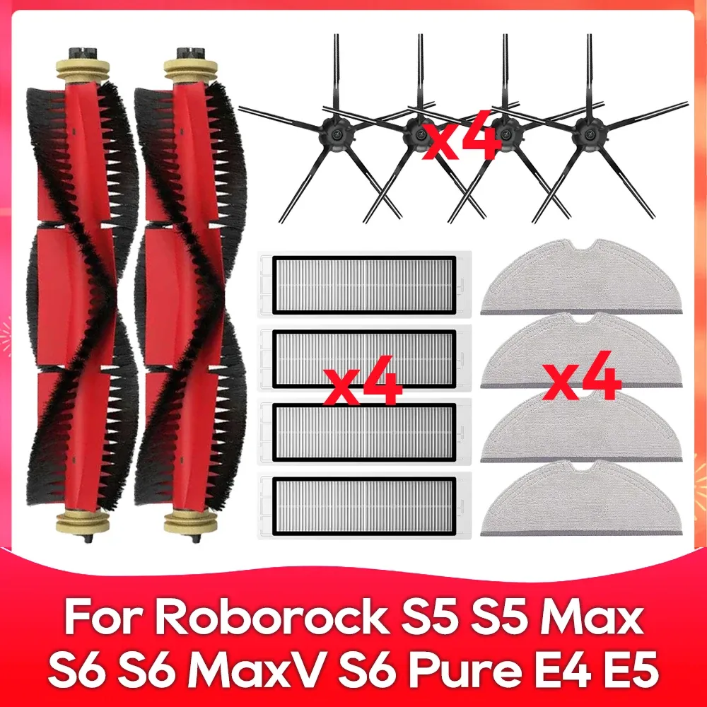 Compatible avec Roborock S5, S5 Max, S6 MaxV, S6 Pure, E4, E5, S51, S52, S55 – Brosse latérale, rouleau, filtre et chiffon – Accessoires 17
