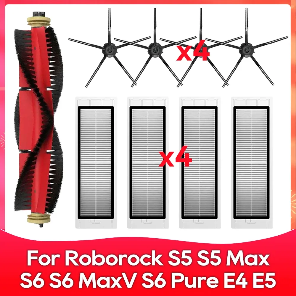Compatible avec Roborock S5, S5 Max, S6 MaxV, S6 Pure, E4, E5, S51, S52, S55 – Brosse latérale, rouleau, filtre et chiffon – Accessoires 13