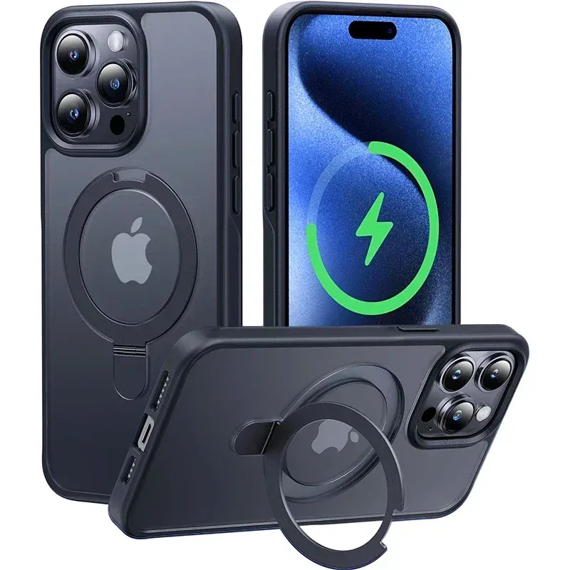 Coque magnétique mate avec support anneau métallique et protection d'objectif, compatible MagSafe, pour iPhone 11 à 17, Air, Pro, Pro Max et Plus 1