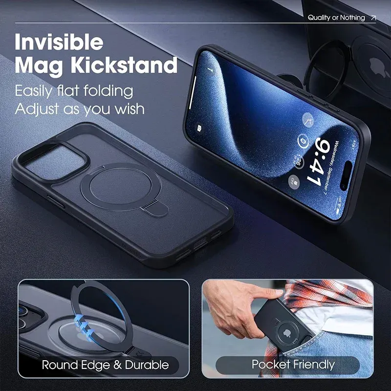 Coque magnétique mate avec support anneau métallique et protection d'objectif, compatible MagSafe, pour iPhone 11 à 17, Air, Pro, Pro Max et Plus 2