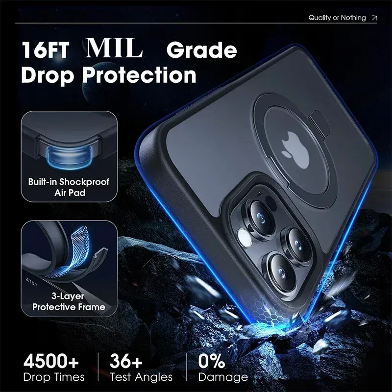 Coque magnétique mate avec support anneau métallique et protection d'objectif, compatible MagSafe, pour iPhone 11 à 17, Air, Pro, Pro Max et Plus 6