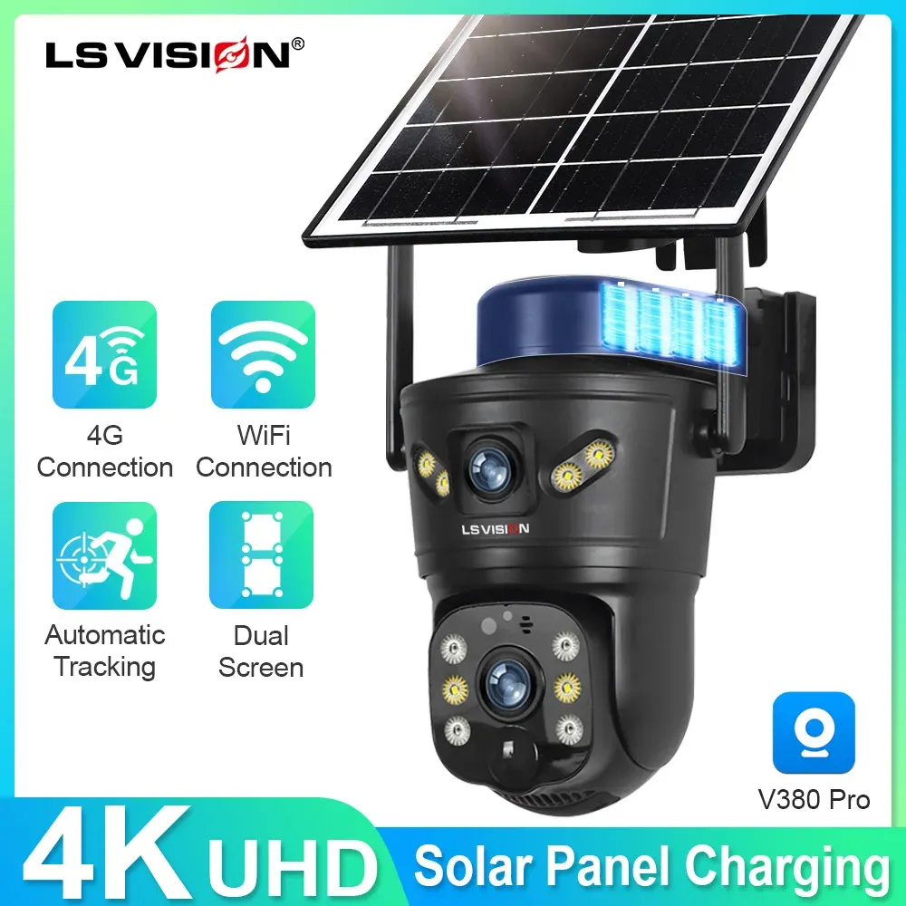 Caméra solaire extérieure LS VISION 4G/WiFi 8MP à double objectif, carte SIM intégrée, vision nocturne, étanche, caméra de sécurité sur batterie, vidéosurveillance
