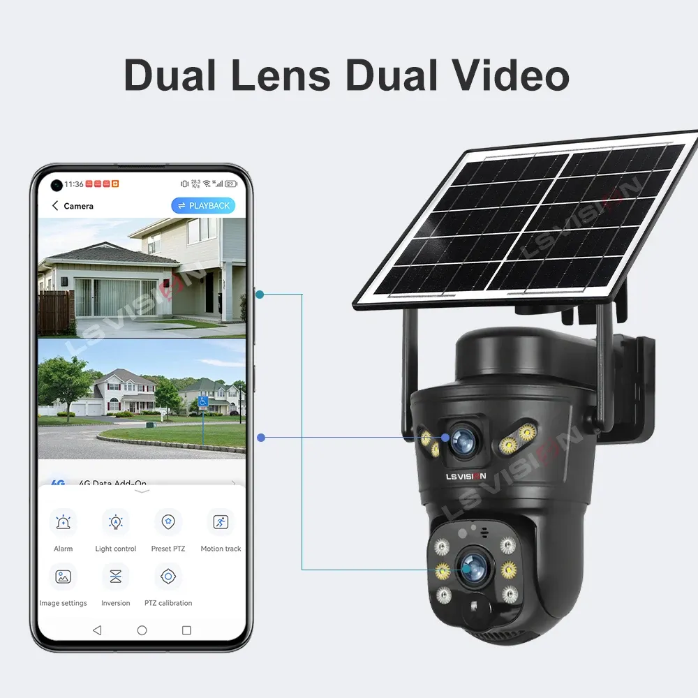 Caméra solaire extérieure LS VISION 4G/WiFi 8MP à double objectif, carte SIM intégrée, vision nocturne, étanche, caméra de sécurité sur batterie, vidéosurveillance 2