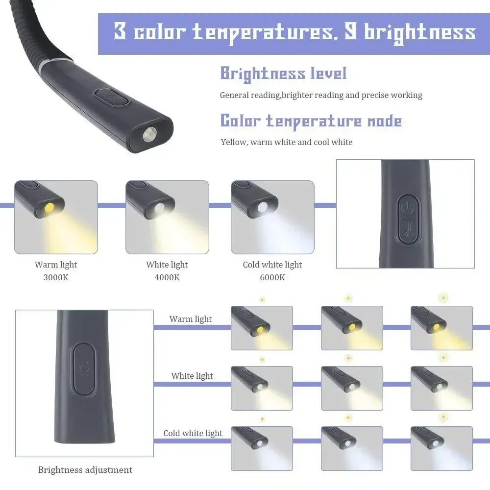 Lampe de lecture à col flexible, rechargeable USB, éclairage mains libres pour livre 3