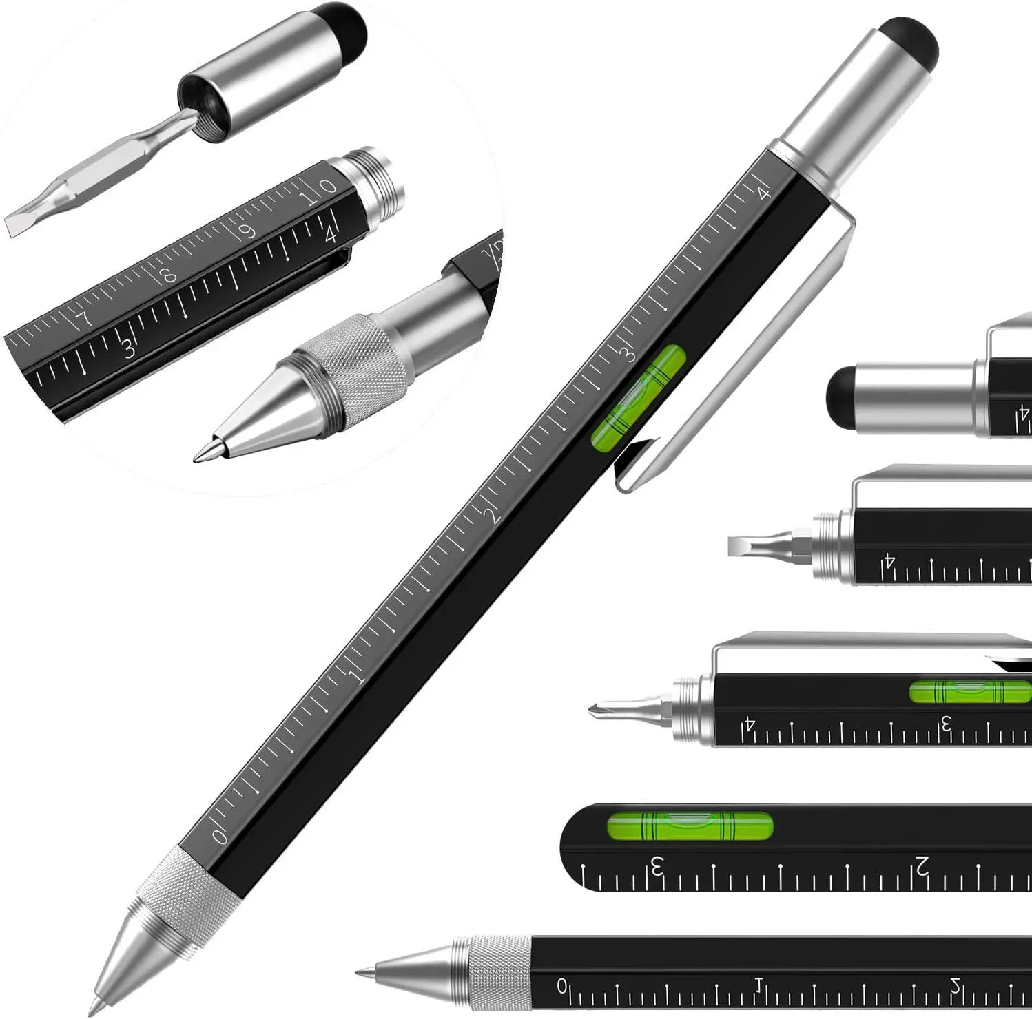 Stylet capacitif multifonction 7 en 1 pour écran tactile avec tournevis, règle, niveau à bulle et stylo à bille rechargeable