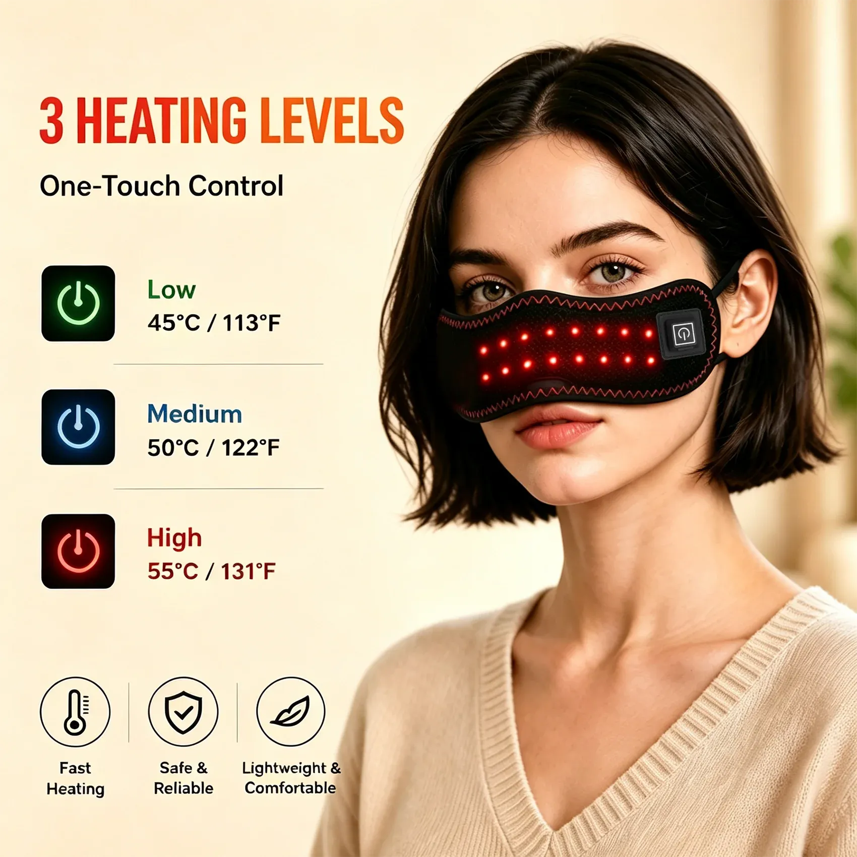 Cache-nez chauffant rechargeable à lumière rouge, 3 niveaux de chaleur réglables, doublure en peluche douce, masque chauffant portable 3