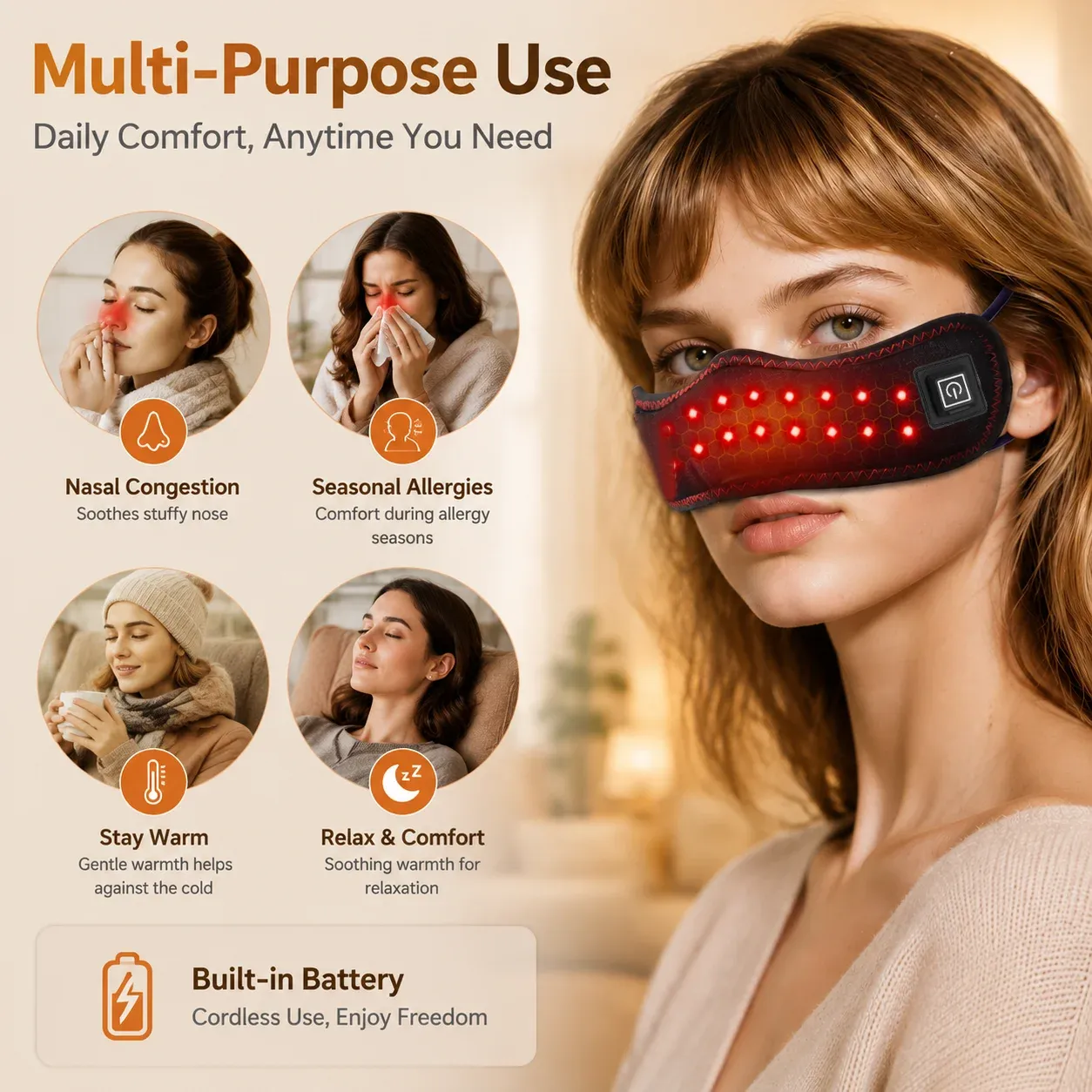 Cache-nez chauffant rechargeable à lumière rouge, 3 niveaux de chaleur réglables, doublure en peluche douce, masque chauffant portable 4