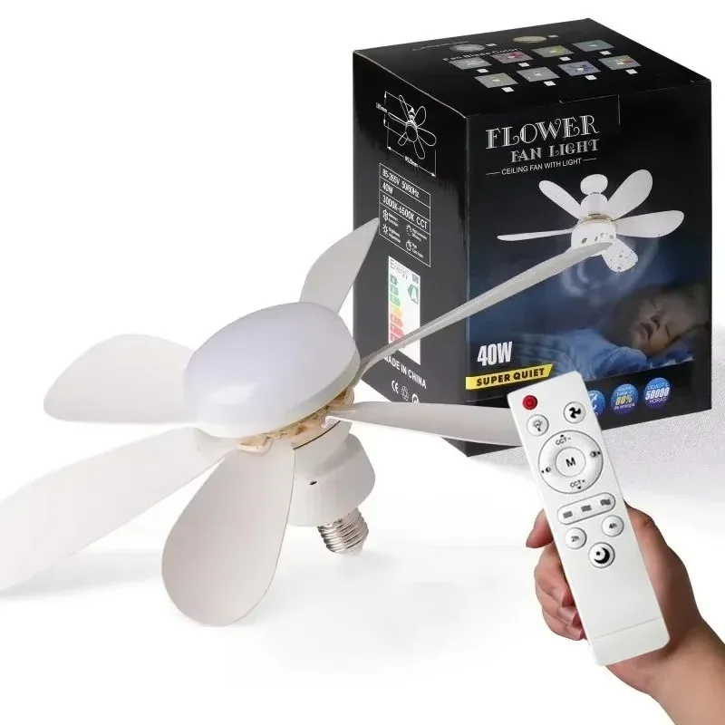 Ventilateur de plafond silencieux 30W/40W avec lumière LED et télécommande, culot E27, pour chambre à coucher et salon 2