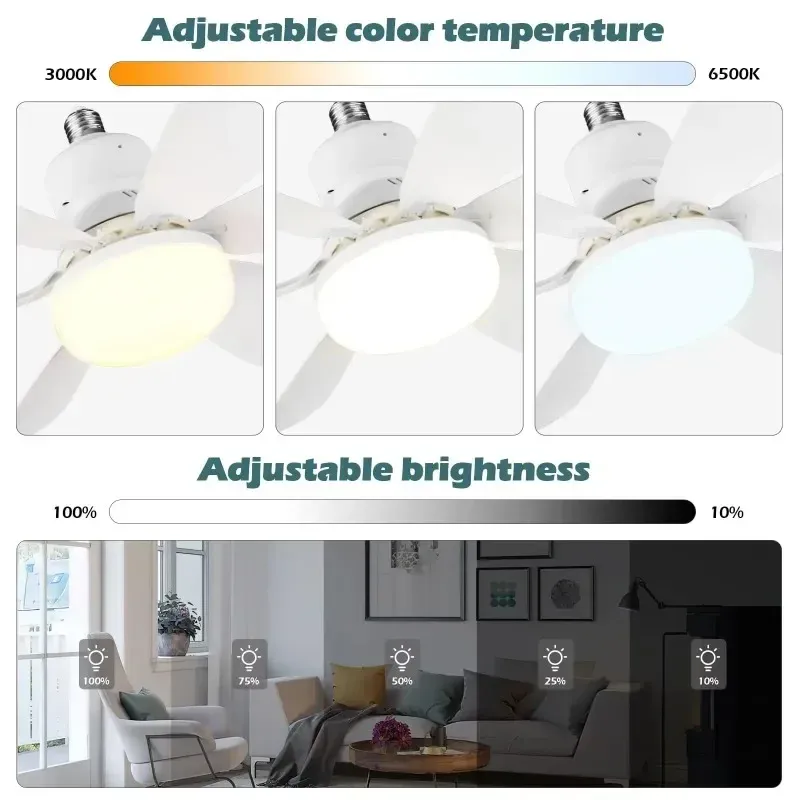 Ventilateur de plafond silencieux 30W/40W avec lumière LED et télécommande, culot E27, pour chambre à coucher et salon 5