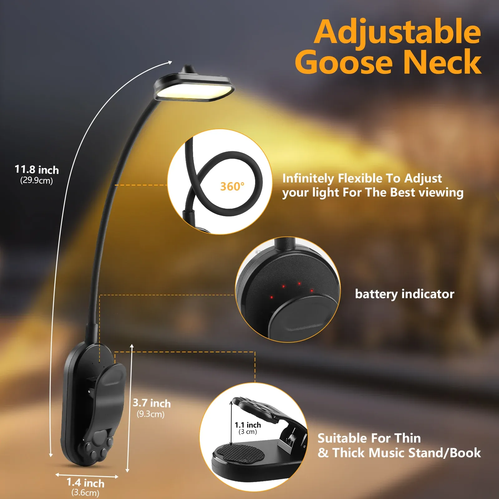 Lampe de lecture LED rechargeable USB à 3 niveaux de luminosité (blanc chaud, blanc froid, lumière du jour), portable et flexible, avec pince 3