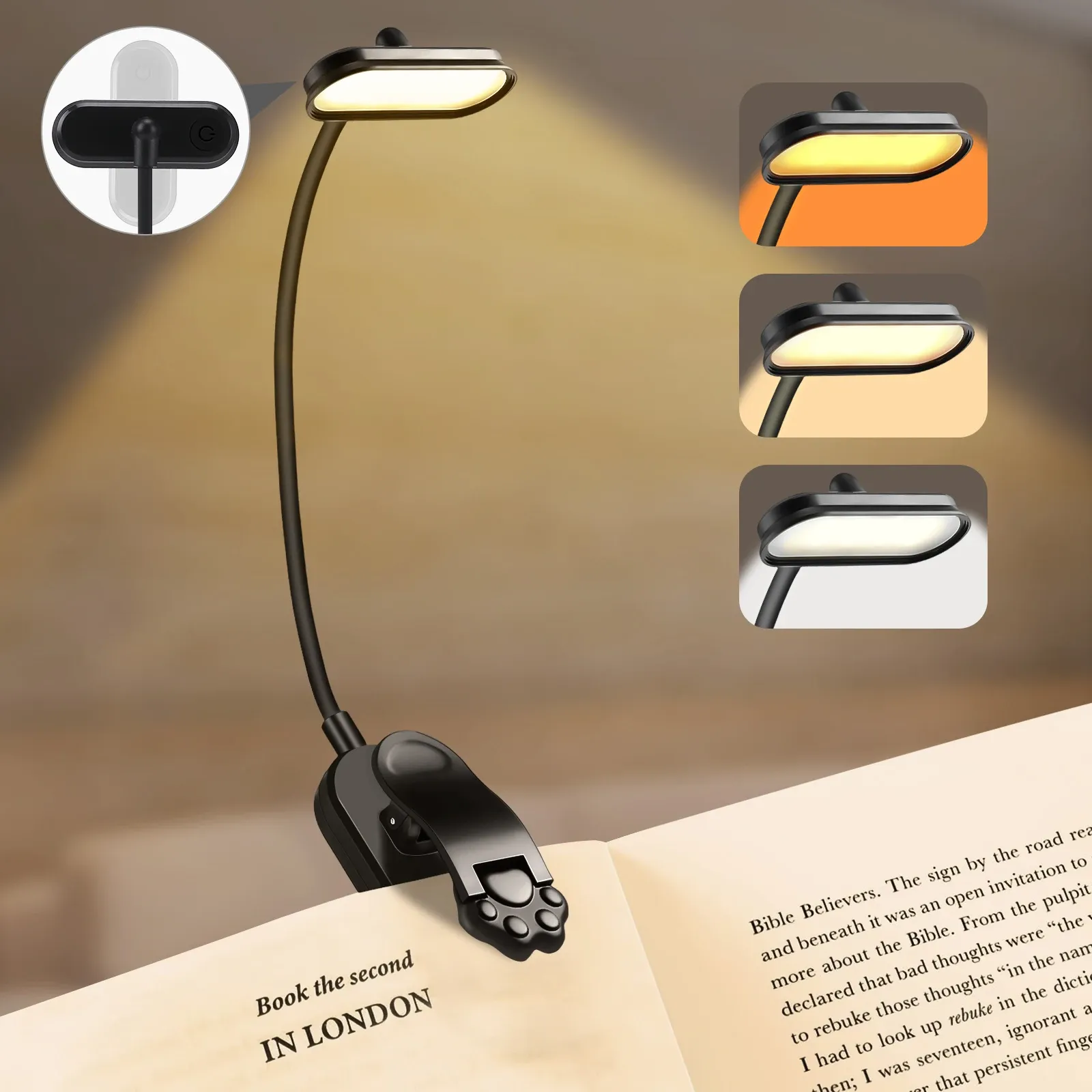 Lampe de lecture LED rechargeable USB à 3 niveaux de luminosité (blanc chaud, blanc froid, lumière du jour), portable et flexible, avec pince 1
