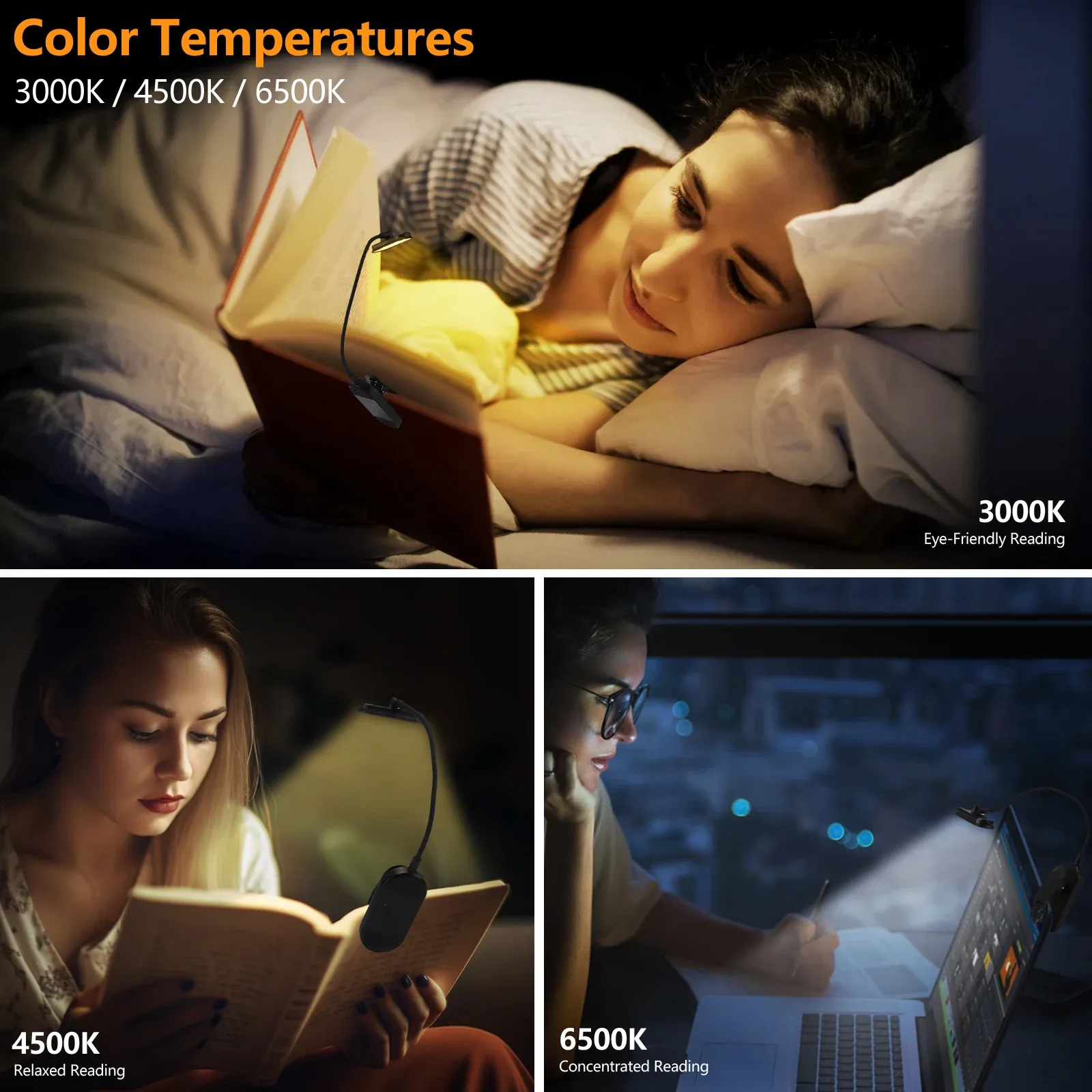 Lampe de lecture LED rechargeable USB à 3 niveaux de luminosité (blanc chaud, blanc froid, lumière du jour), portable et flexible, avec pince 5