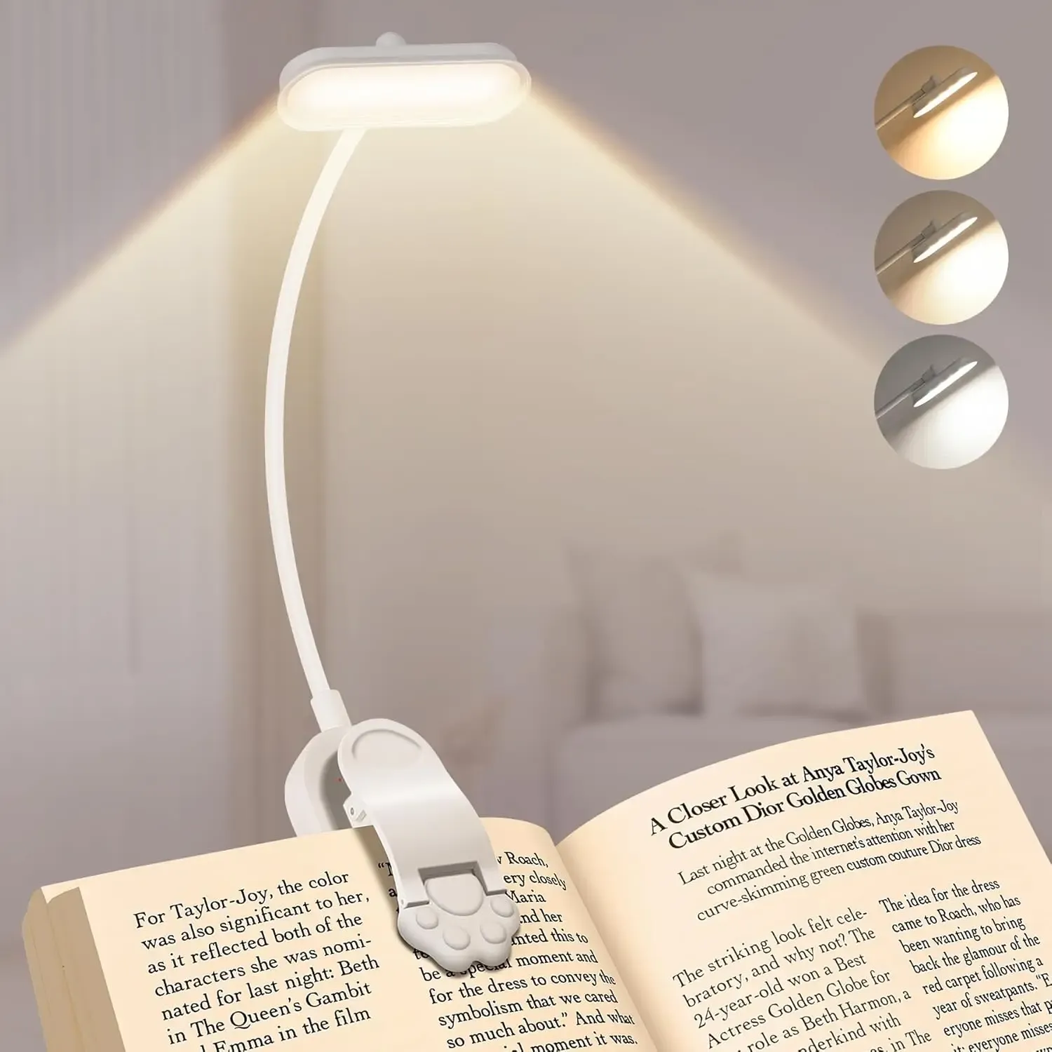 Lampe de lecture LED rechargeable USB à 3 niveaux de luminosité (blanc chaud, blanc froid, lumière du jour), portable et flexible, avec pince 8