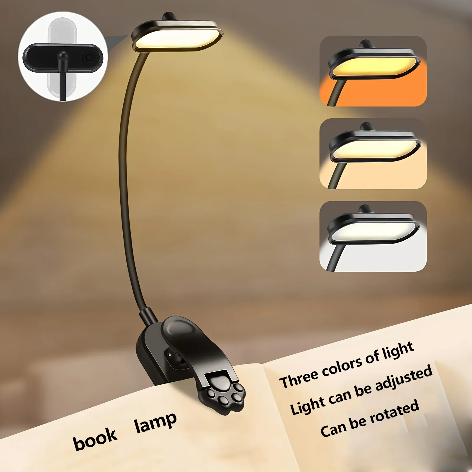 Lampe de lecture LED rechargeable USB à 3 niveaux de luminosité (blanc chaud, blanc froid, lumière du jour), portable et flexible, avec pince 7