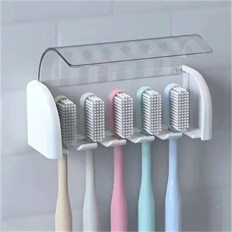 Porte-brosses à dents couvert à 5 emplacements, support mural auto-adhésif en plastique pour salle de bain - Image 1
