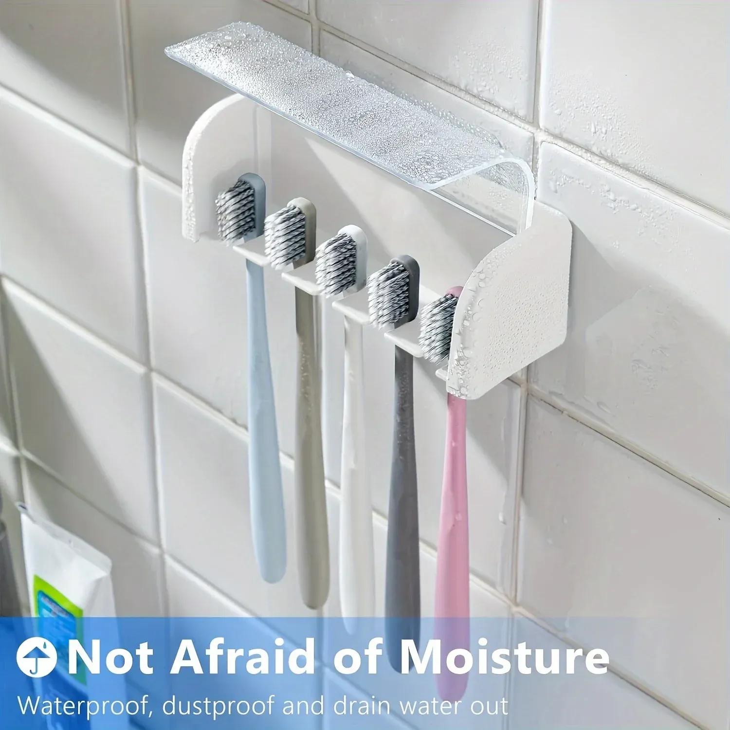 Porte-brosses à dents couvert à 5 emplacements, support mural auto-adhésif en plastique pour salle de bain 3