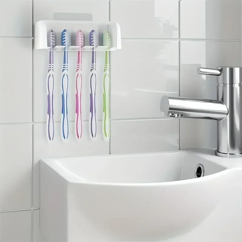 Porte-brosses à dents couvert à 5 emplacements, support mural auto-adhésif en plastique pour salle de bain 4