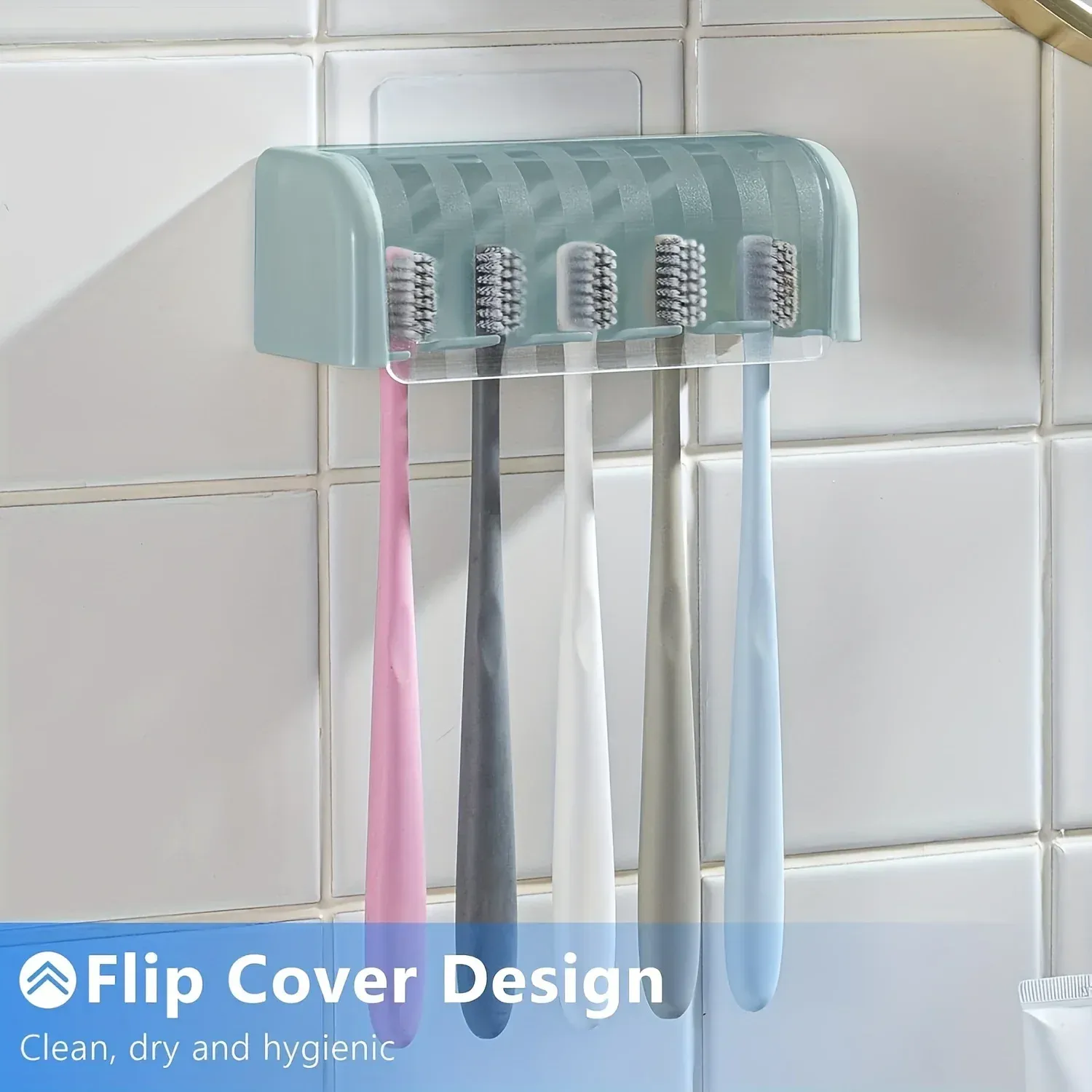 Porte-brosses à dents couvert à 5 emplacements, support mural auto-adhésif en plastique pour salle de bain 8