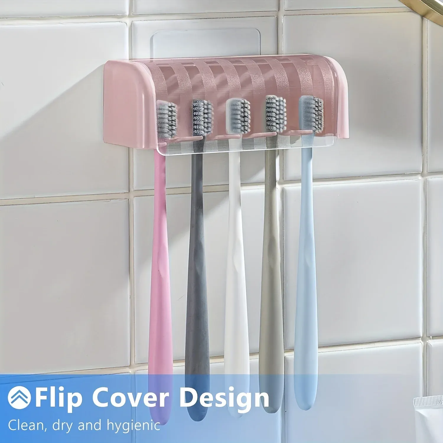 Porte-brosses à dents couvert à 5 emplacements, support mural auto-adhésif en plastique pour salle de bain 9