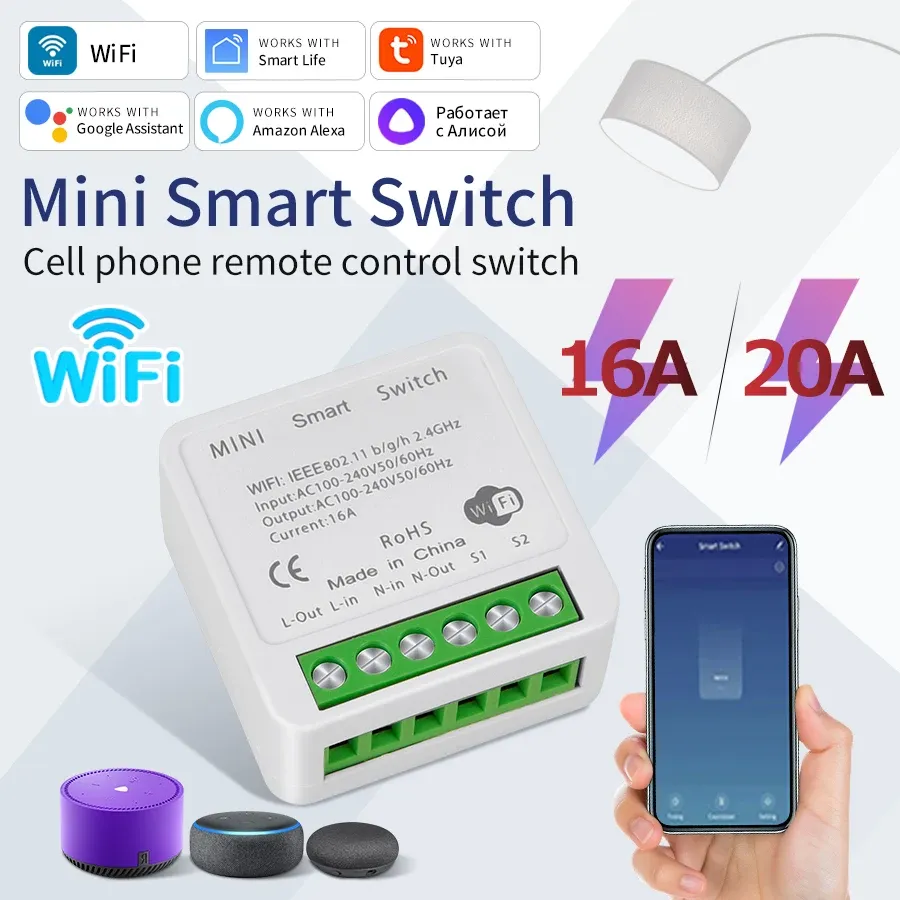 Disjoncteur intelligent Mini WiFi Tuya 16A / 20A, commutateur à contrôle bidirectionnel, compatible Smart Life, Alexa, Google Home et Alice