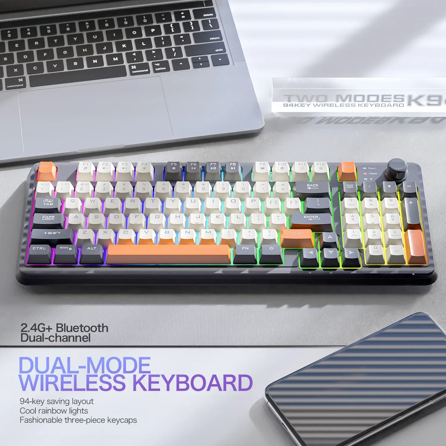 Clavier de jeu sans fil K94 Bluetooth 5.0 / 2,4 GHz, récepteur 2 en 1, 95 touches, format TKL, silencieux, rétroéclairage LED arc-en-ciel