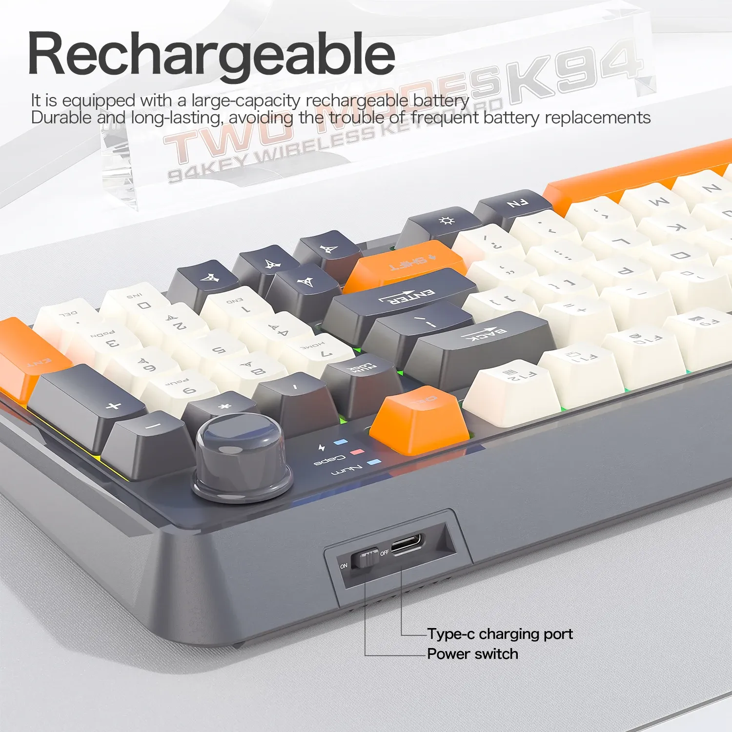 Clavier de jeu sans fil K94 Bluetooth 5.0 / 2,4 GHz, récepteur 2 en 1, 95 touches, format TKL, silencieux, rétroéclairage LED arc-en-ciel 4