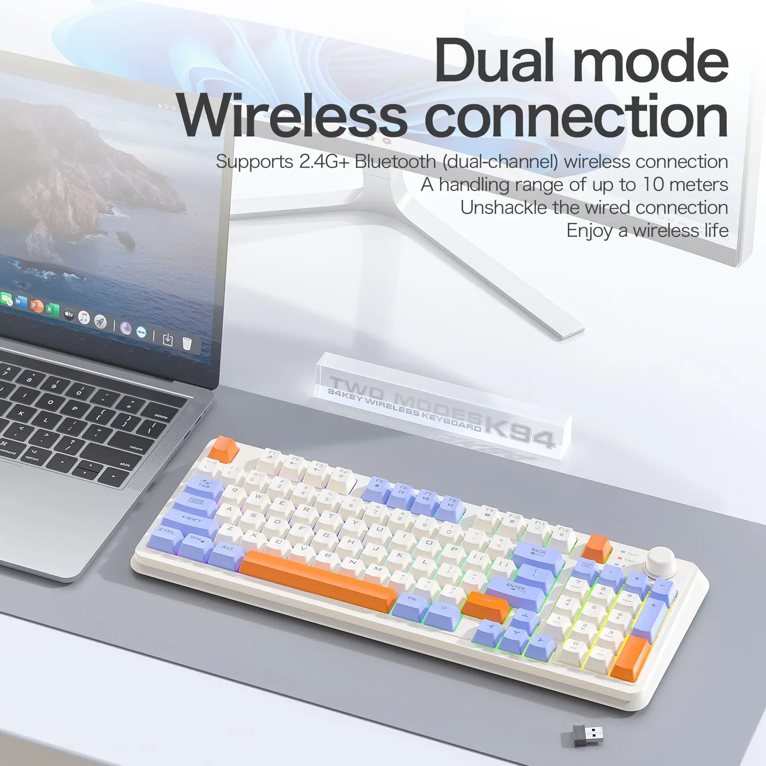 Clavier de jeu sans fil K94 Bluetooth 5.0 / 2,4 GHz, récepteur 2 en 1, 95 touches, format TKL, silencieux, rétroéclairage LED arc-en-ciel 5