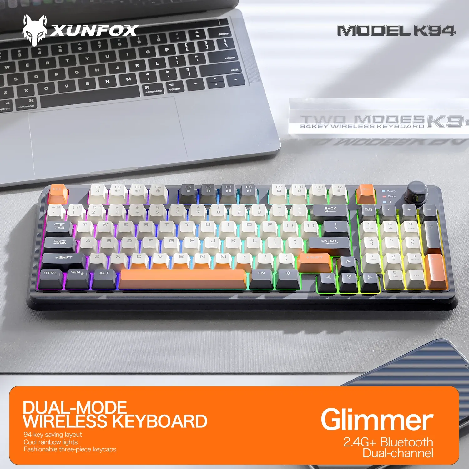 Clavier de jeu sans fil K94 Bluetooth 5.0 / 2,4 GHz, récepteur 2 en 1, 95 touches, format TKL, silencieux, rétroéclairage LED arc-en-ciel 6