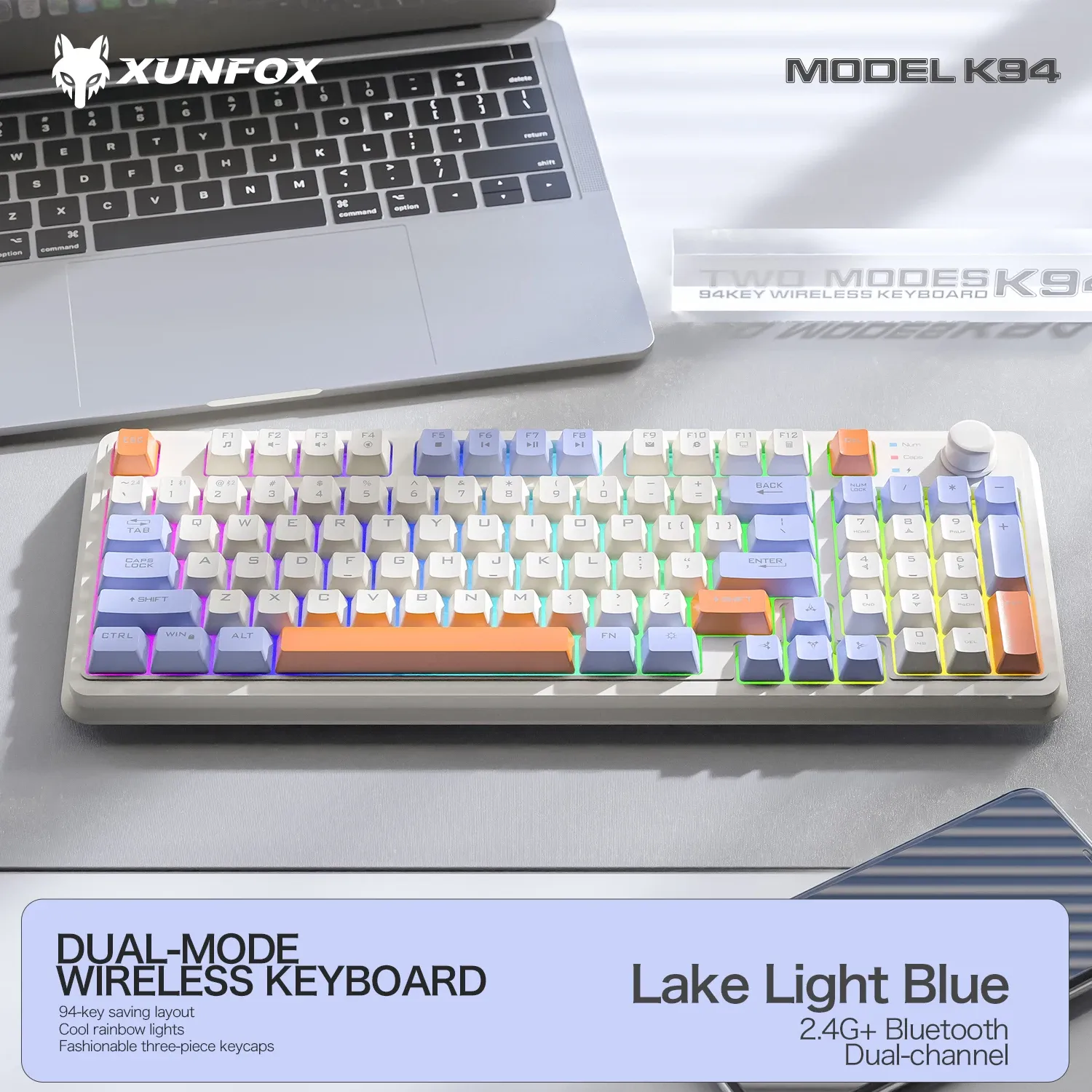Clavier de jeu sans fil K94 Bluetooth 5.0 / 2,4 GHz, récepteur 2 en 1, 95 touches, format TKL, silencieux, rétroéclairage LED arc-en-ciel 7