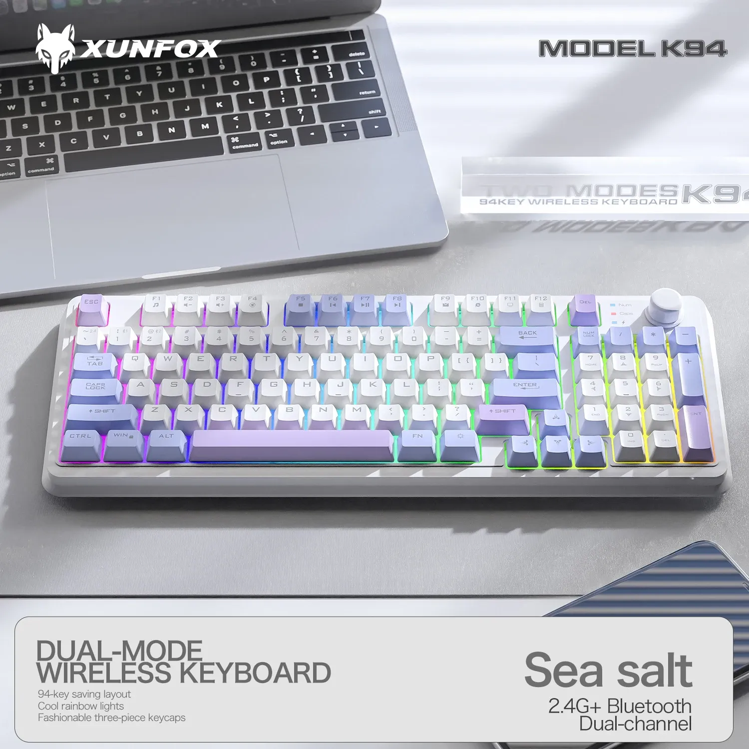 Clavier de jeu sans fil K94 Bluetooth 5.0 / 2,4 GHz, récepteur 2 en 1, 95 touches, format TKL, silencieux, rétroéclairage LED arc-en-ciel 8