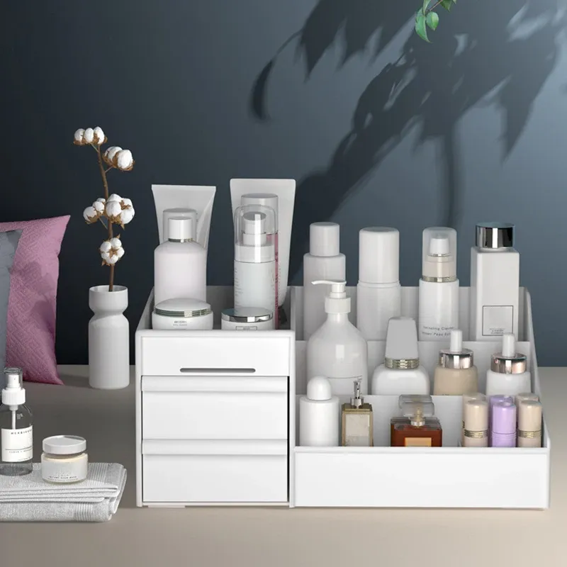 Tiroir de rangement de maquillage blanc, utilisation au quotidien