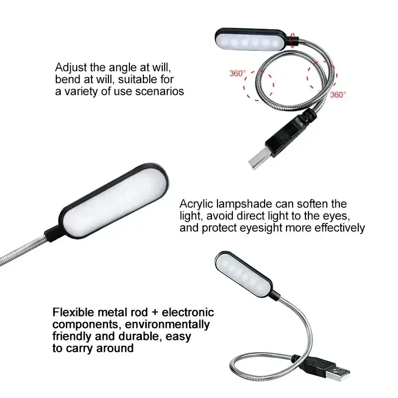 Mini lampe de lecture LED USB à col de cygne flexible, lampe de nuit portable, rechargeable sur batterie externe ou ordinateur portable 6