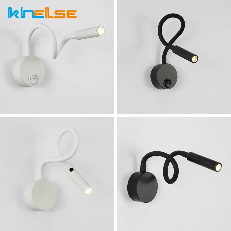 Lampe LED flexible à fixation murale 1 W / 3 W avec col de cygne, idéale pour la lecture, l'étude, le chevet, l'hôtel ou la tête de lit, avec interrupteur 3