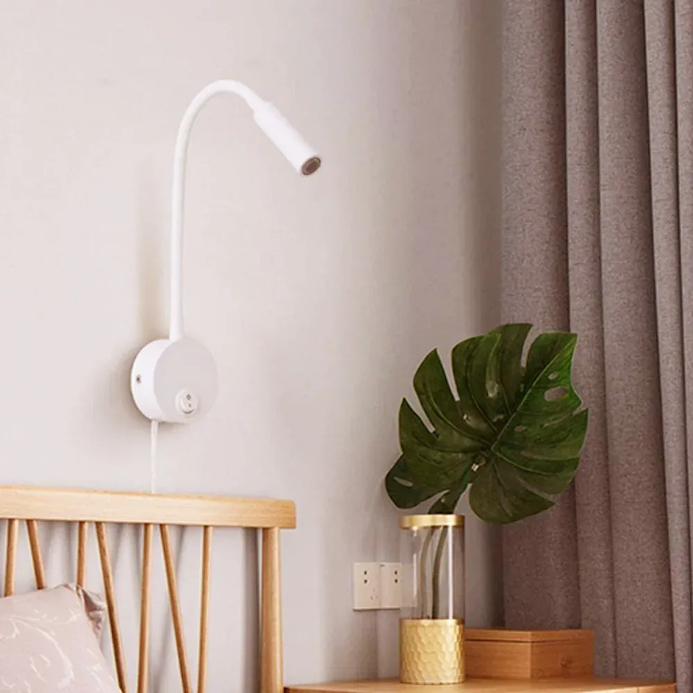 Lampe LED flexible à fixation murale 1 W / 3 W avec col de cygne, idéale pour la lecture, l'étude, le chevet, l'hôtel ou la tête de lit, avec interrupteur 5