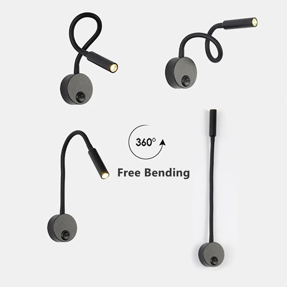 Lampe LED flexible à fixation murale 1 W / 3 W avec col de cygne, idéale pour la lecture, l'étude, le chevet, l'hôtel ou la tête de lit, avec interrupteur 6